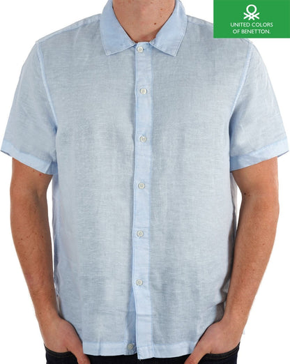 Benetton Linen Blend Short Sleeve Shirt Sky