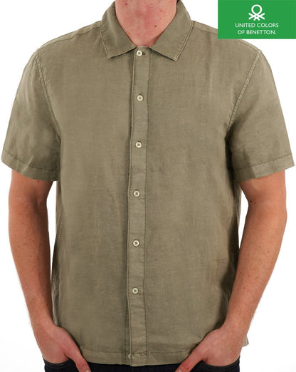 Benetton Linen Blend Short Sleeve Shirt Khaki