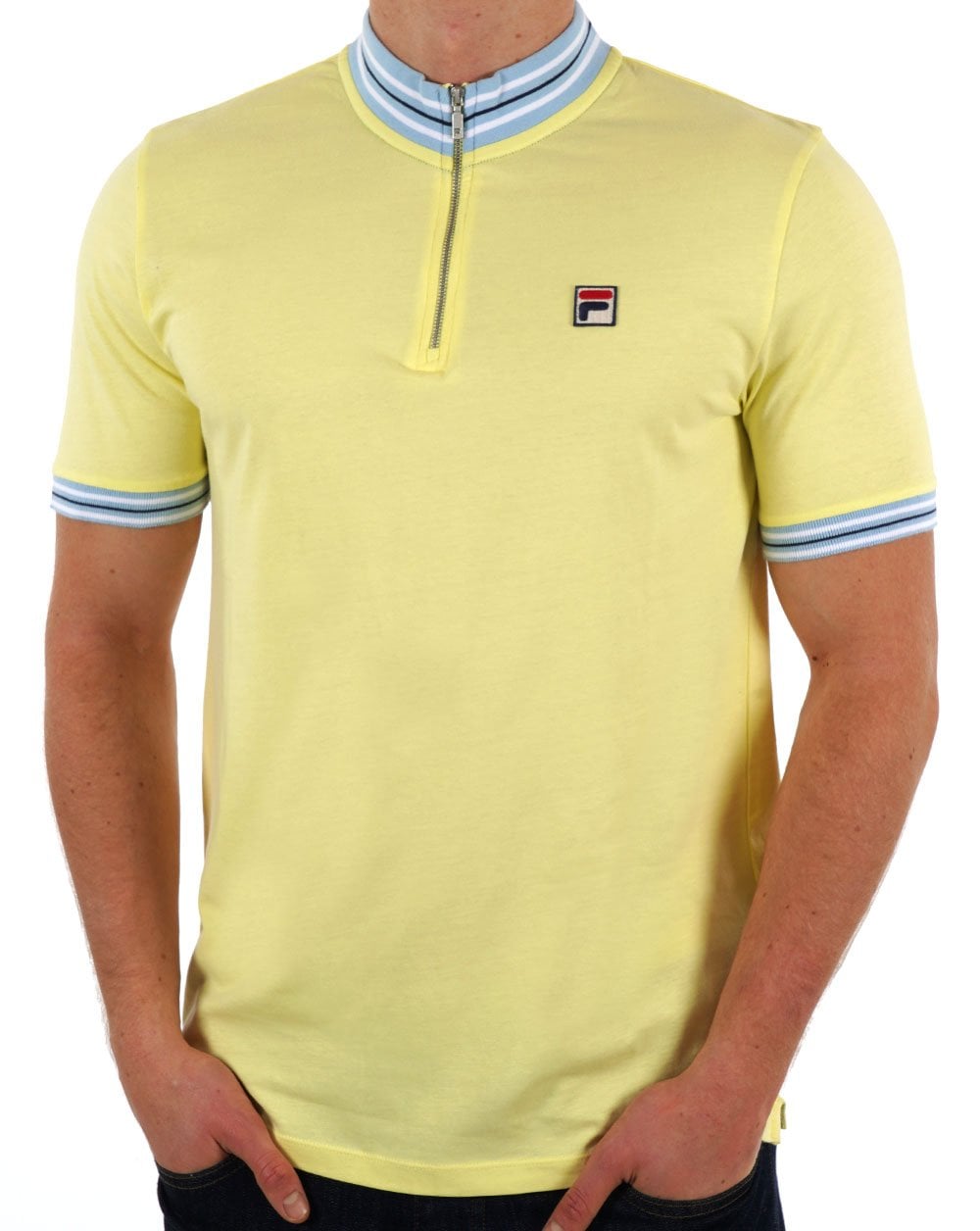 Fila Vintage 1/4 Zip Polo Shirt Yellow/Sky Blue