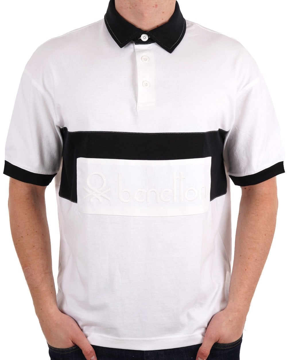 Benetton Patch Rugby SS Polo Shirt White/Navy
