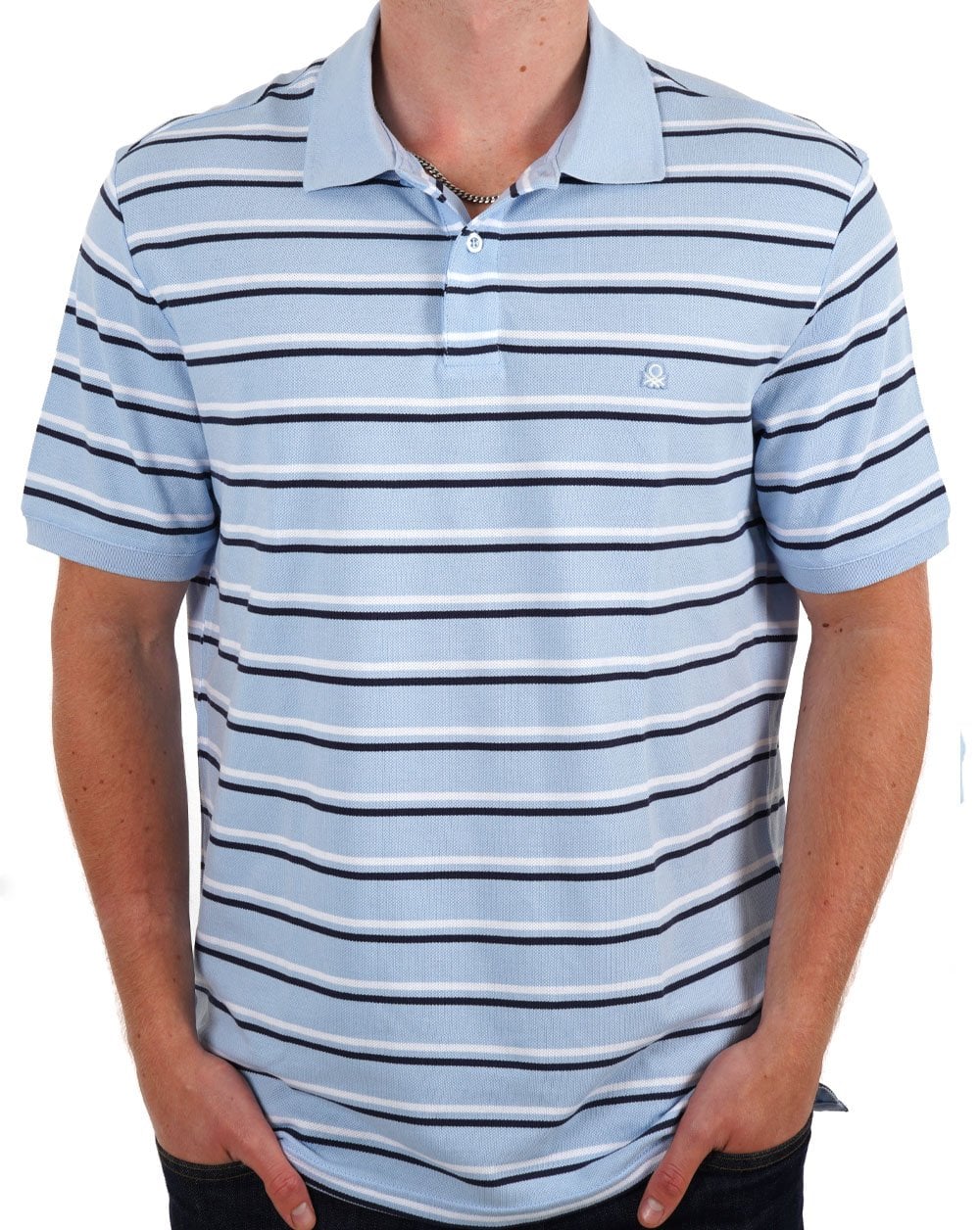 Benetton Striped Polo Shirt Sky/Navy