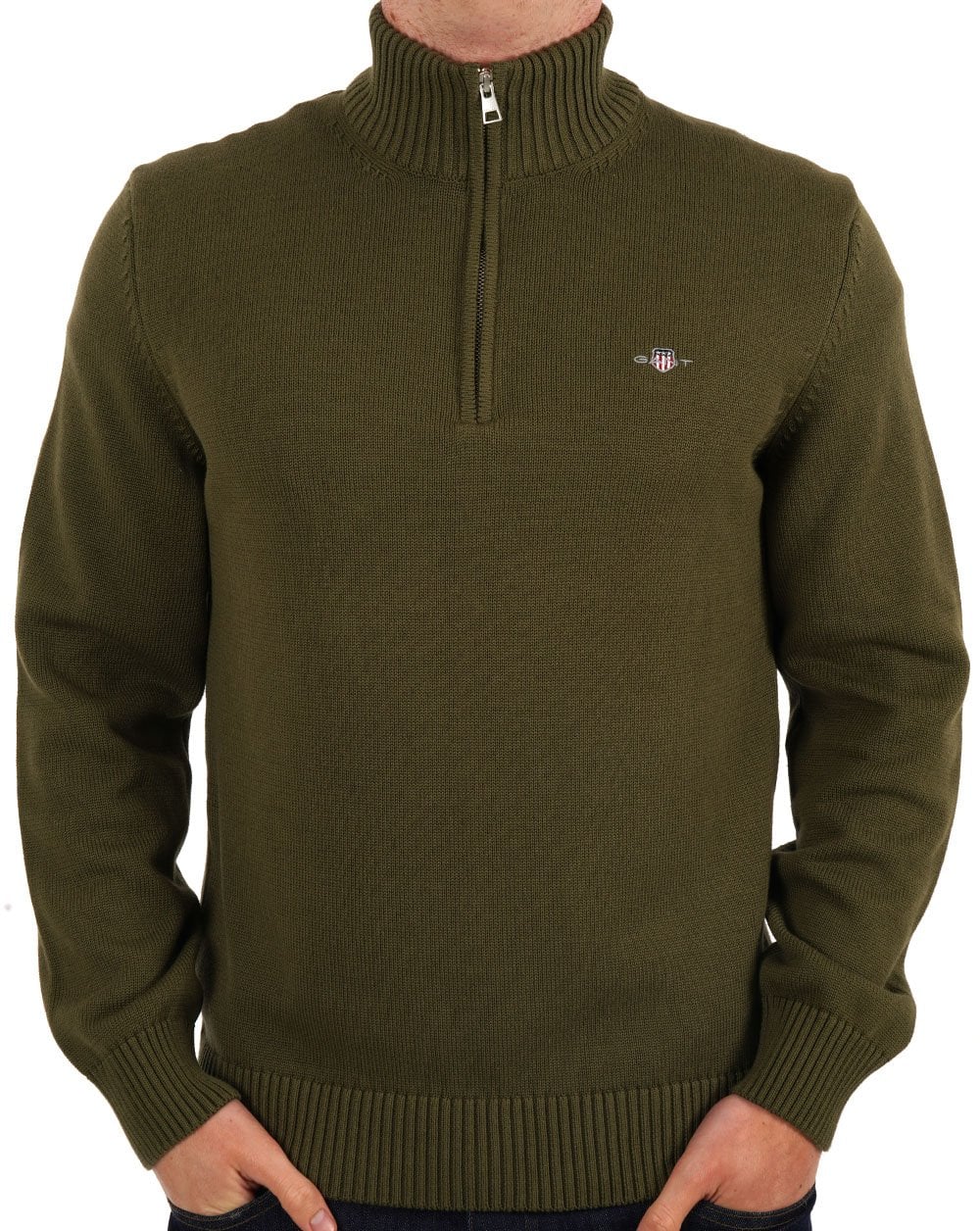 Gant Cotton Half Zip Sweater Olive Green