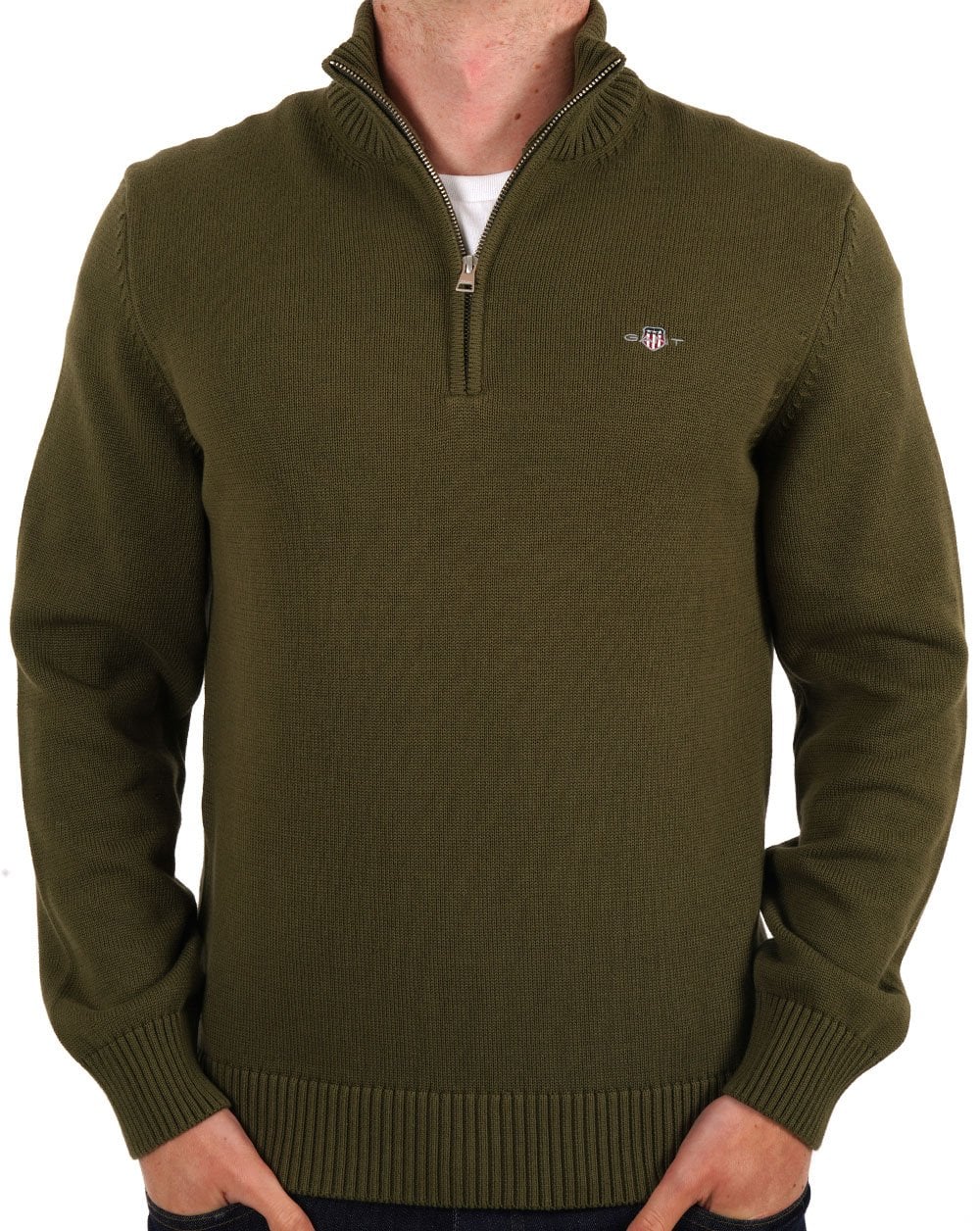 Gant Cotton Half Zip Sweater Olive Green