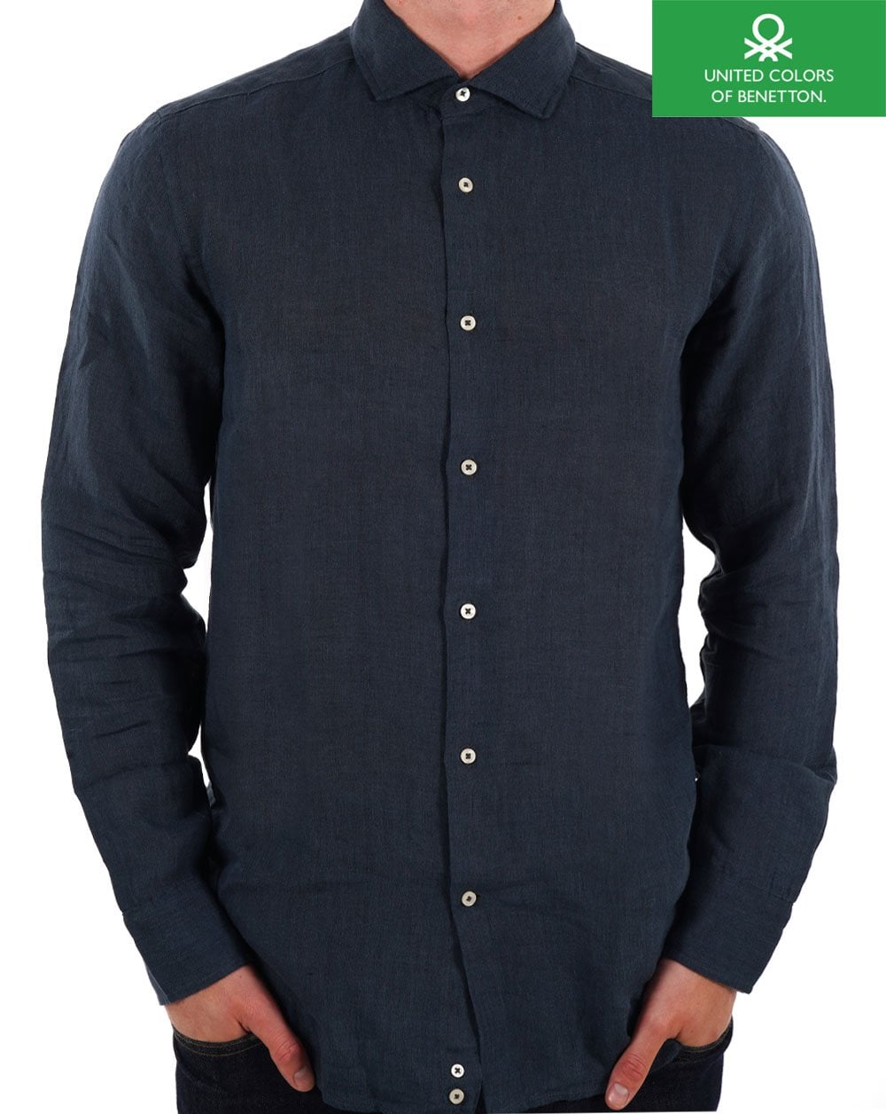 Benetton Pure Linen Long Sleeve Shirt Navy