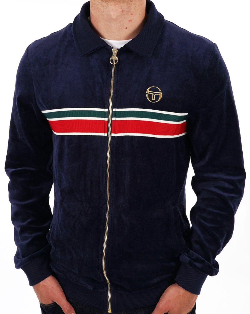 Sergio Tacchini Striped 70s Velour Track Top Navy