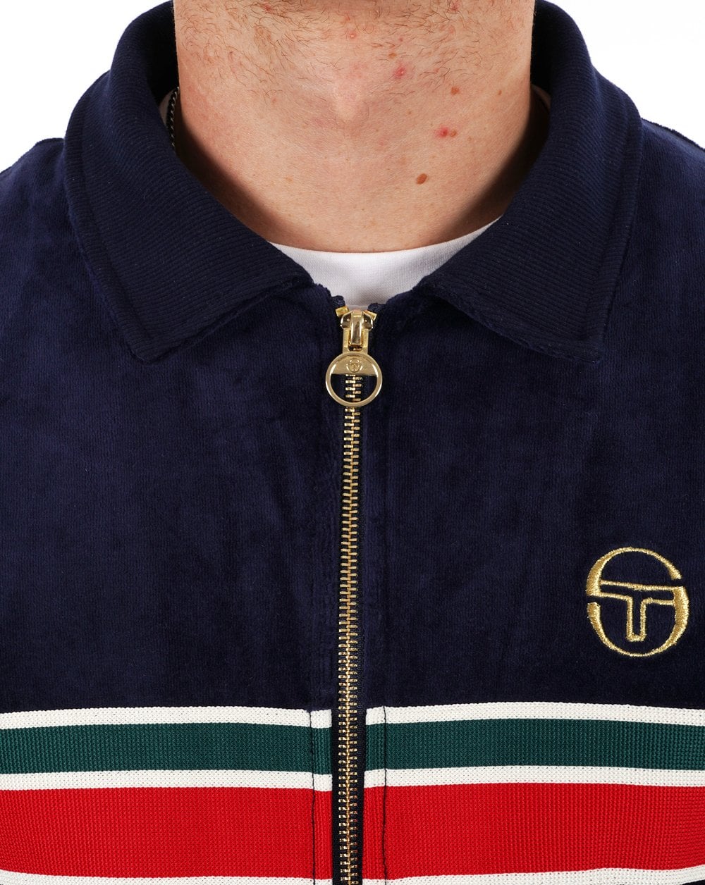 Sergio Tacchini Striped 70s Velour Track Top Navy