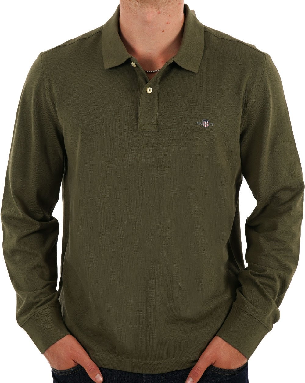 Gant Shield LS Pique Polo Olive Green