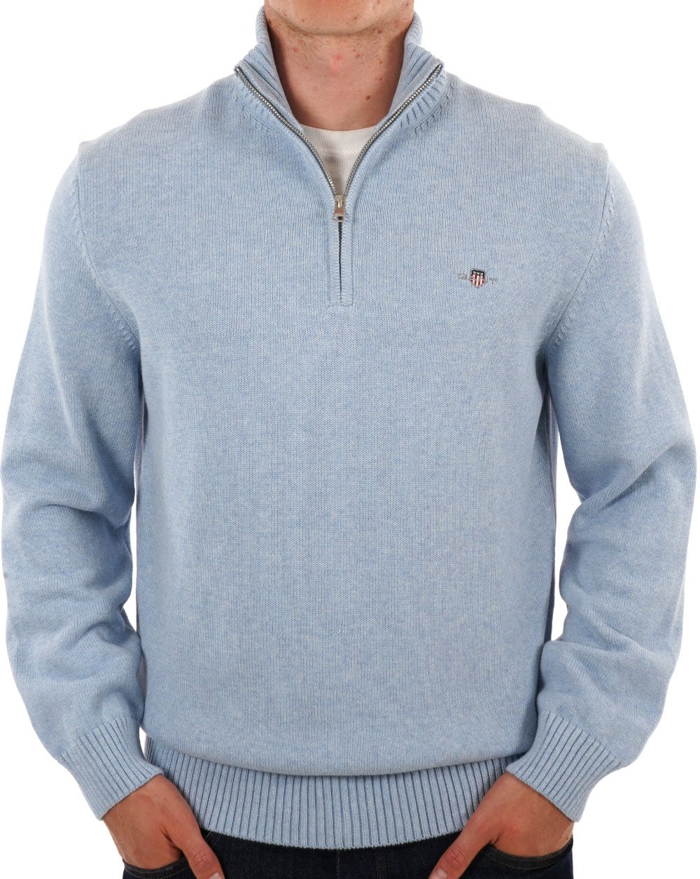 Gant Cotton Half Zip Sweater Light Blue Melange