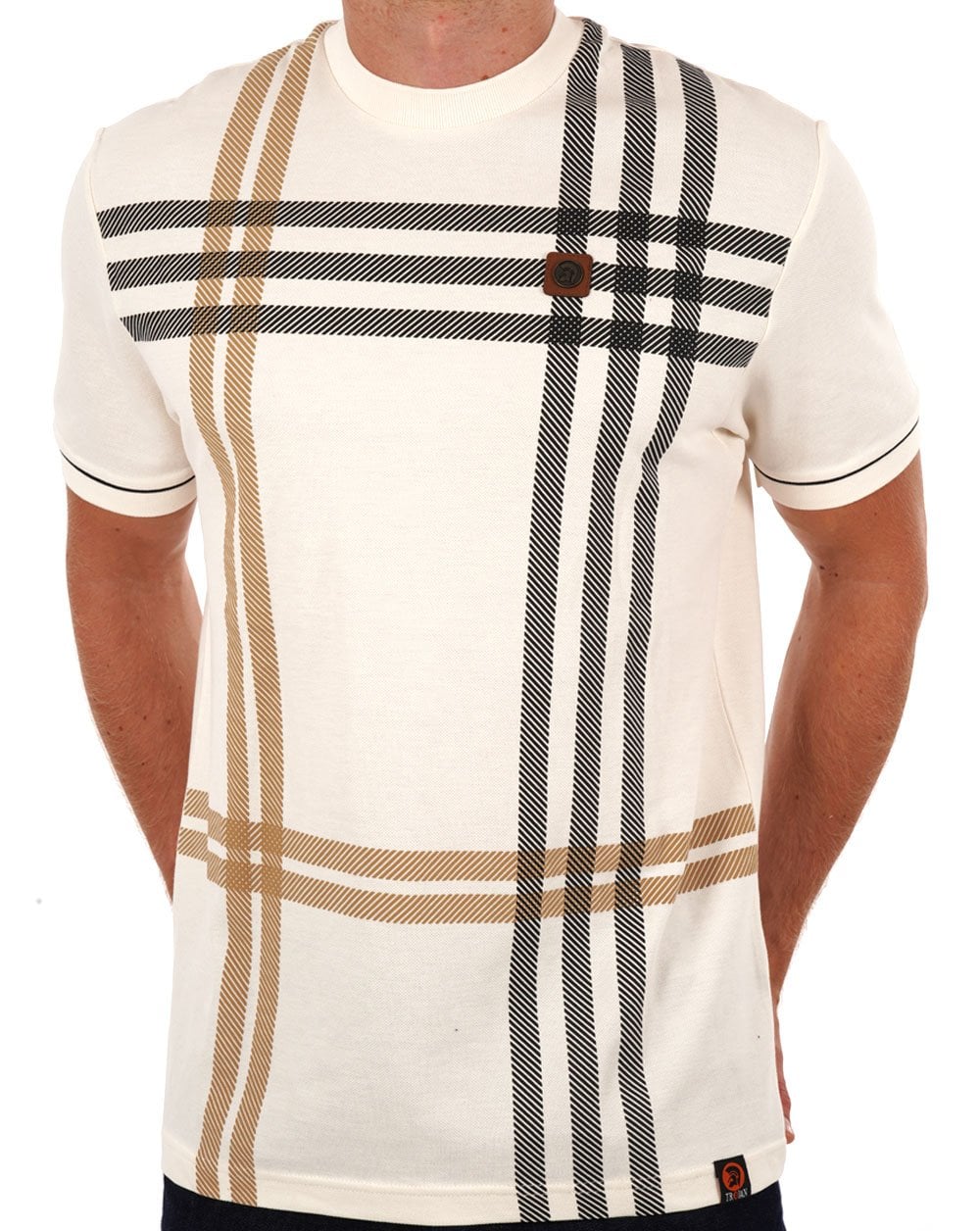 Trojan Printed Check Panel T-shirt Ecru