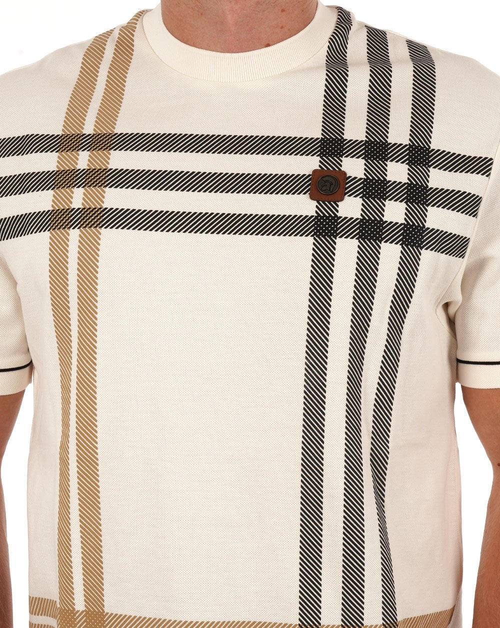 Trojan Printed Check Panel T-shirt Ecru