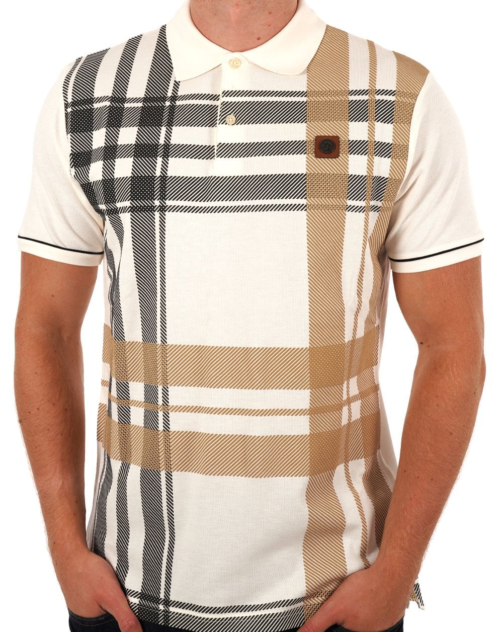 Trojan Check Panel Polo Shirt Ecru/Black