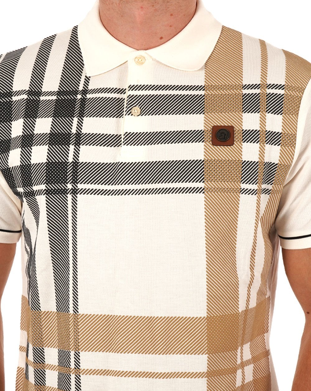 Trojan Check Panel Polo Shirt Ecru/Black