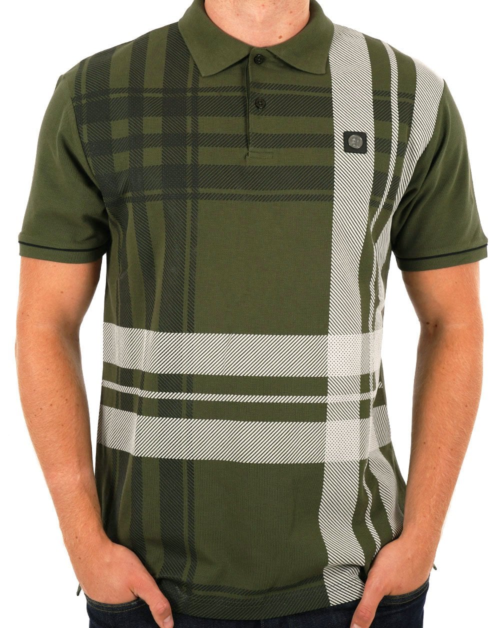 Trojan Check Panel Polo Shirt Army Green