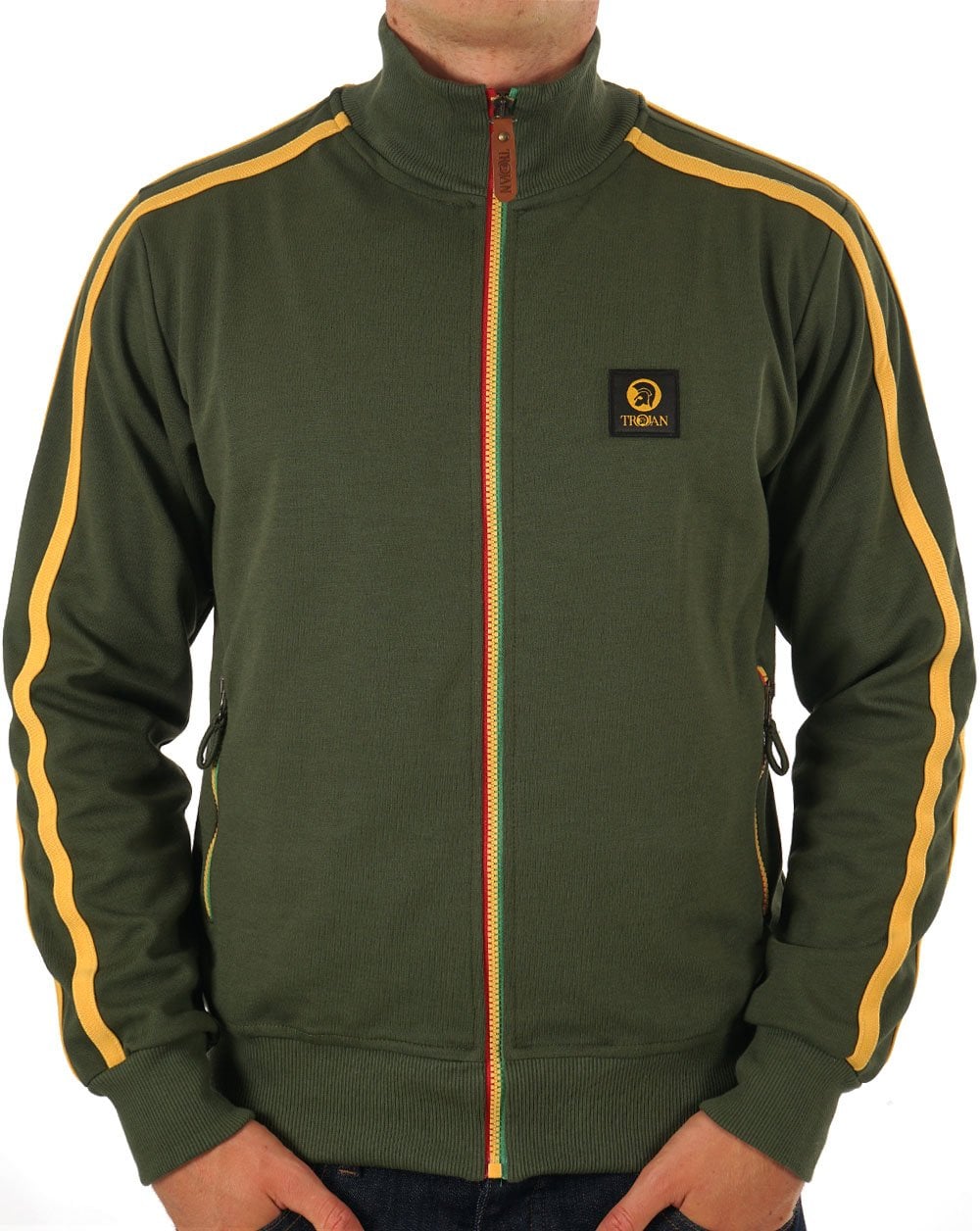 Trojan Contrast Zip Track Top Army Green