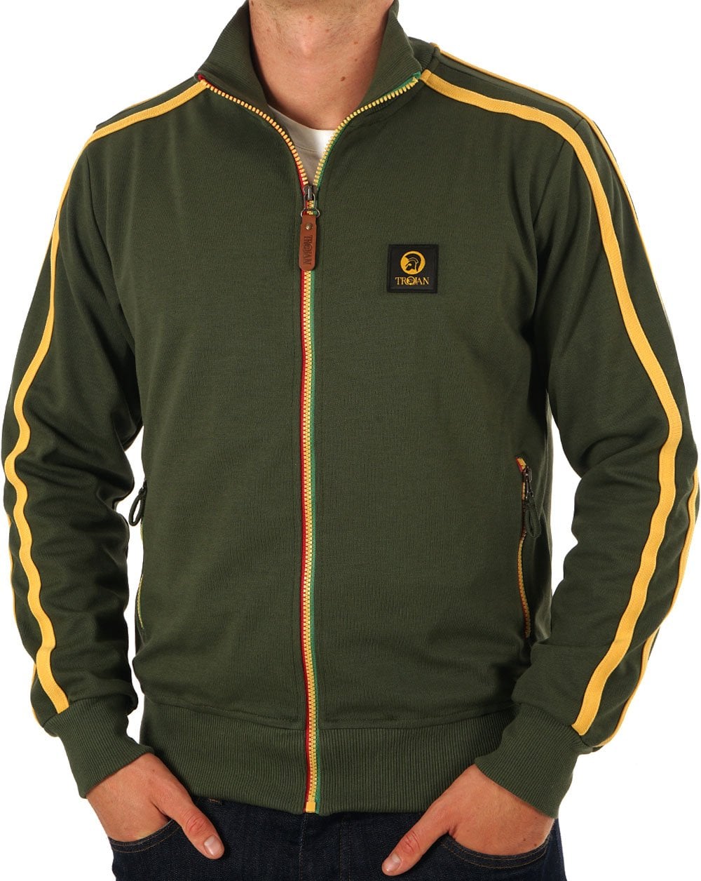 Trojan Contrast Zip Track Top Army Green