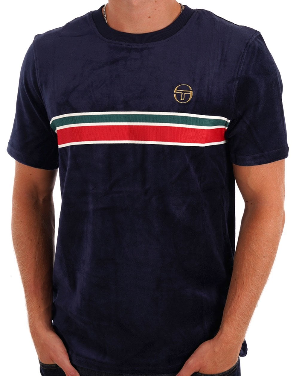 Sergio Tacchini Velour Chest Stripe T Shirt Navy