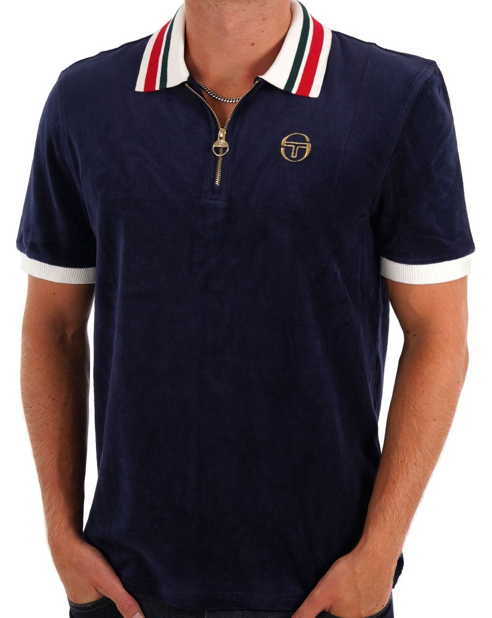 Sergio Tacchini Velour Tipped Zip Polo Navy