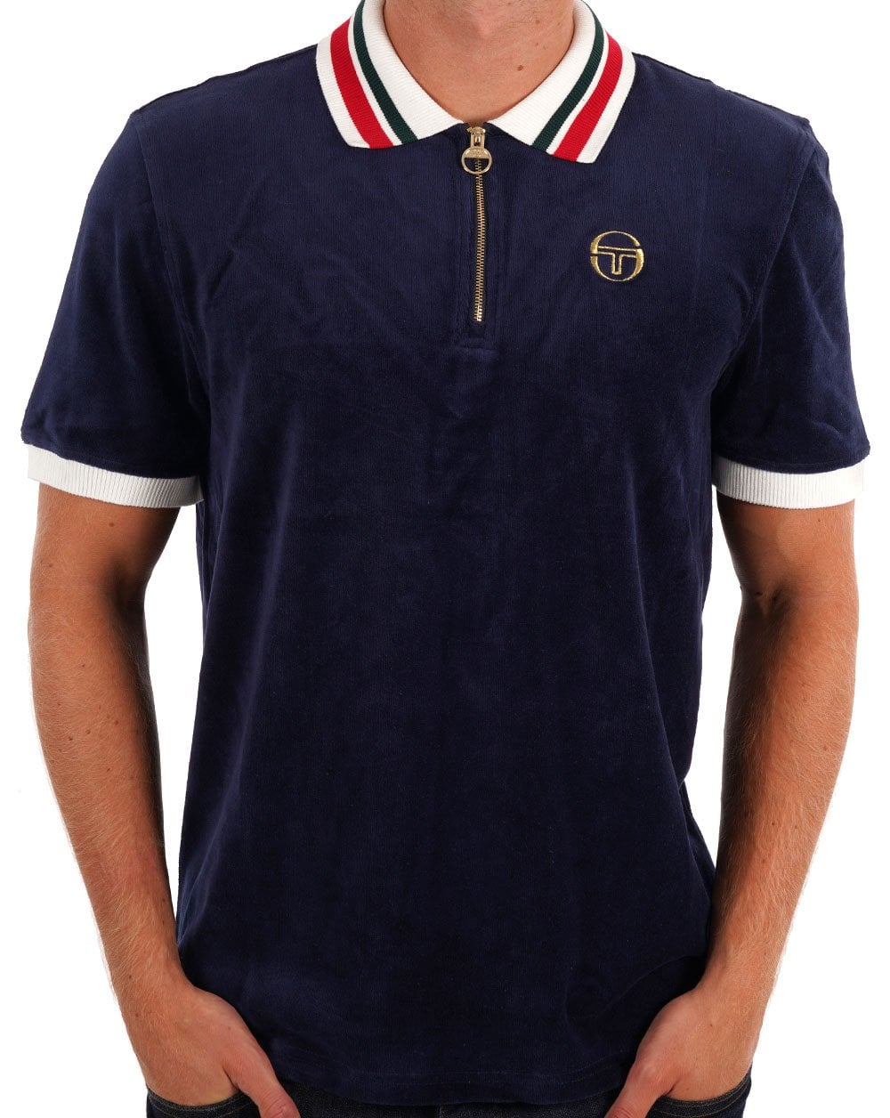 Sergio Tacchini Velour Tipped Zip Polo Navy