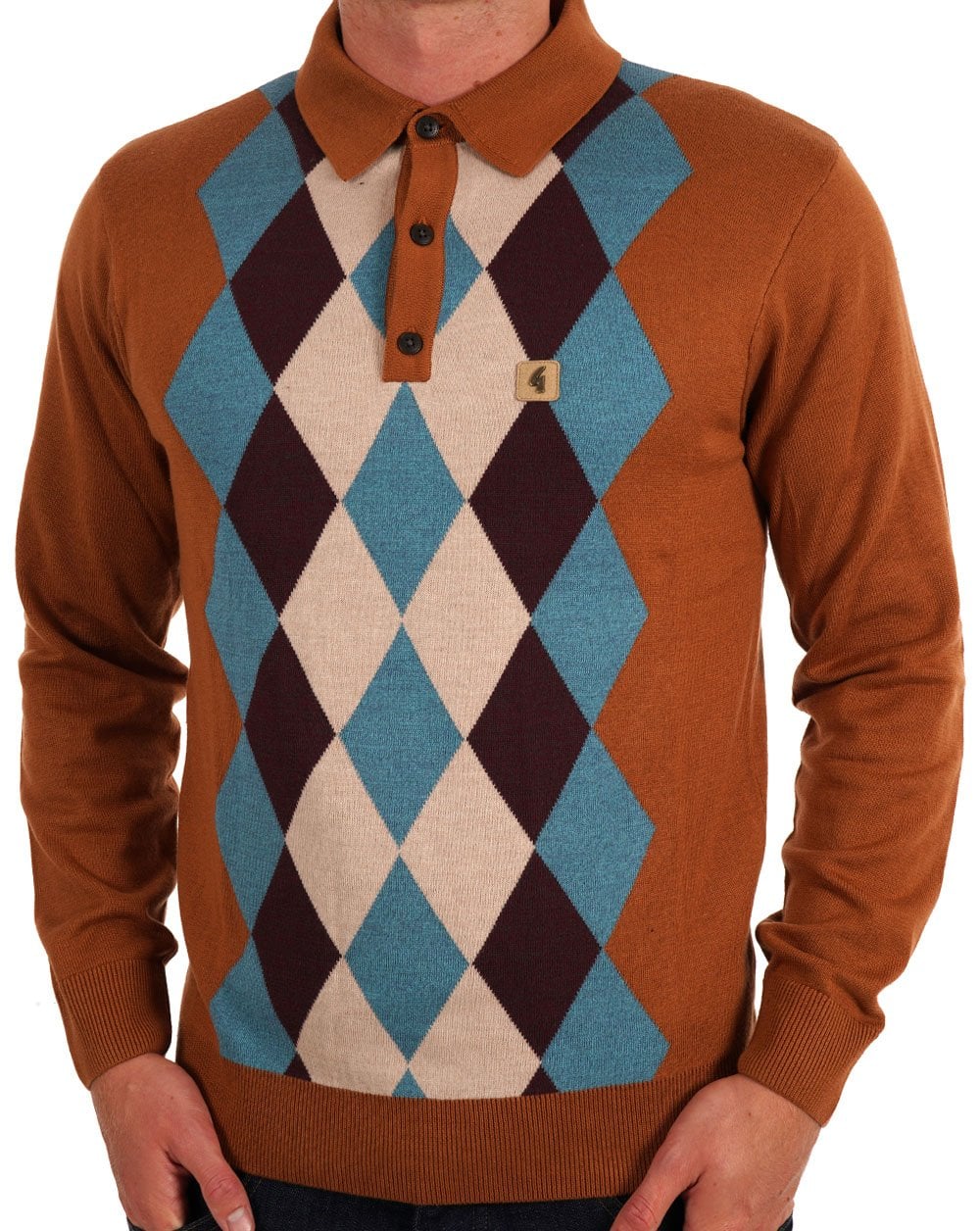Gabicci Vintage Pablo Diamond Knit LS Polo Walnut