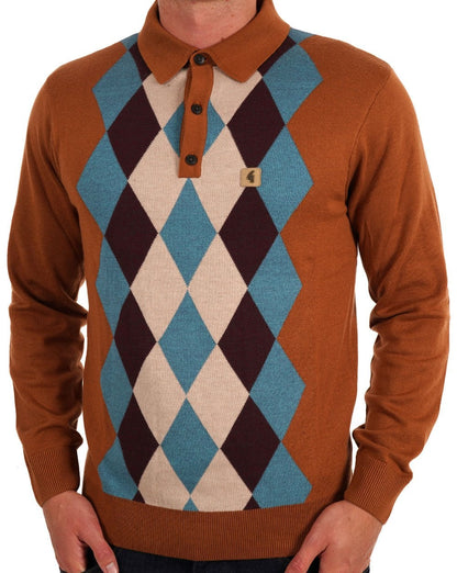 Gabicci Vintage Pablo Diamond Knit LS Polo Walnut