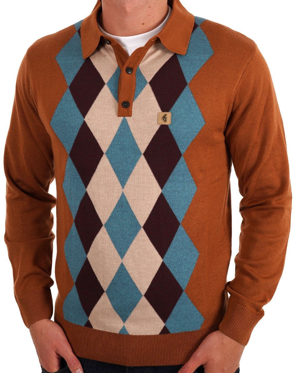 Gabicci Vintage Pablo Diamond Knit LS Polo Walnut