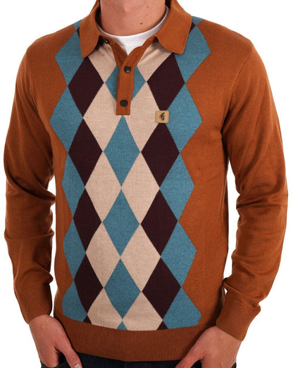 Gabicci Vintage Pablo Diamond Knit LS Polo Walnut