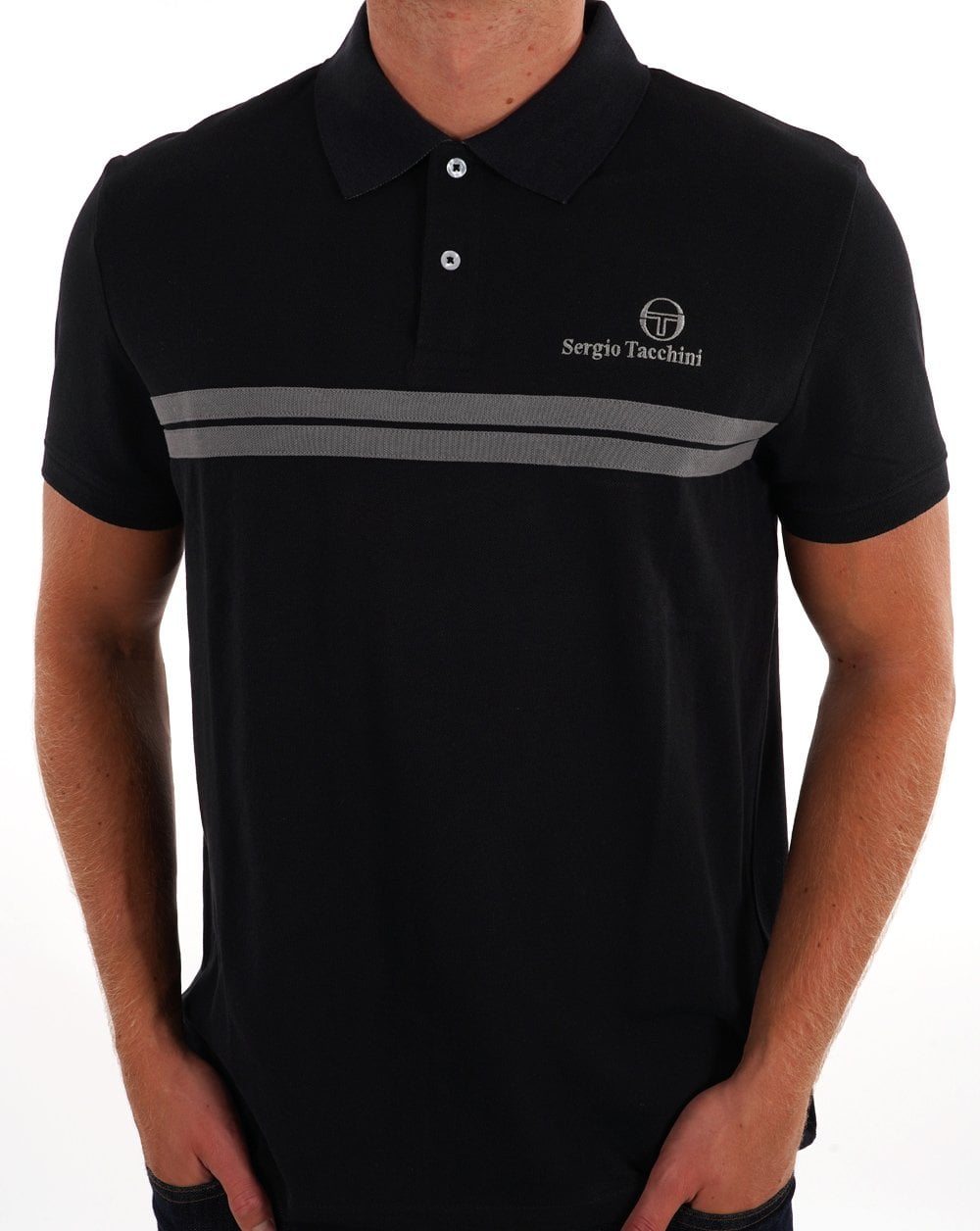 Sergio Tacchini Twin Stripe Polo Shirt Black Grey