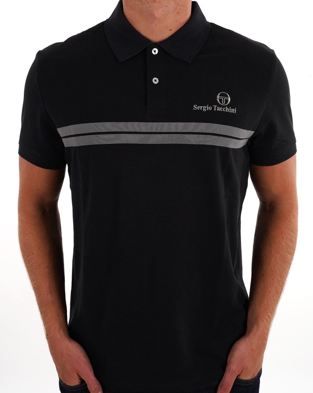 Sergio Tacchini Twin Stripe Polo Shirt Black Grey