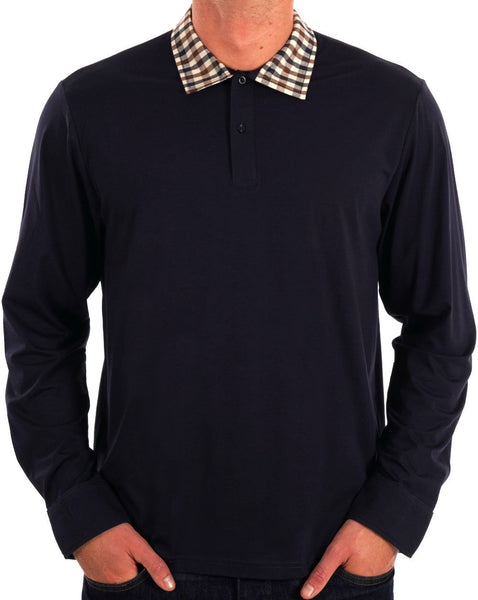 Aquascutum Club Check Collar LS Polo Navy