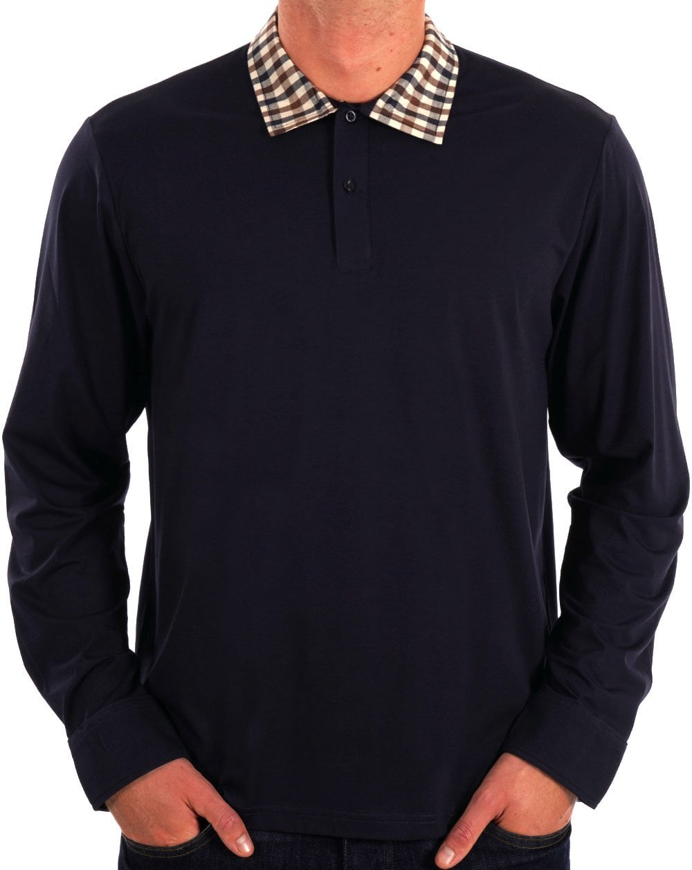 Aquascutum Club Check Collar LS Polo Navy