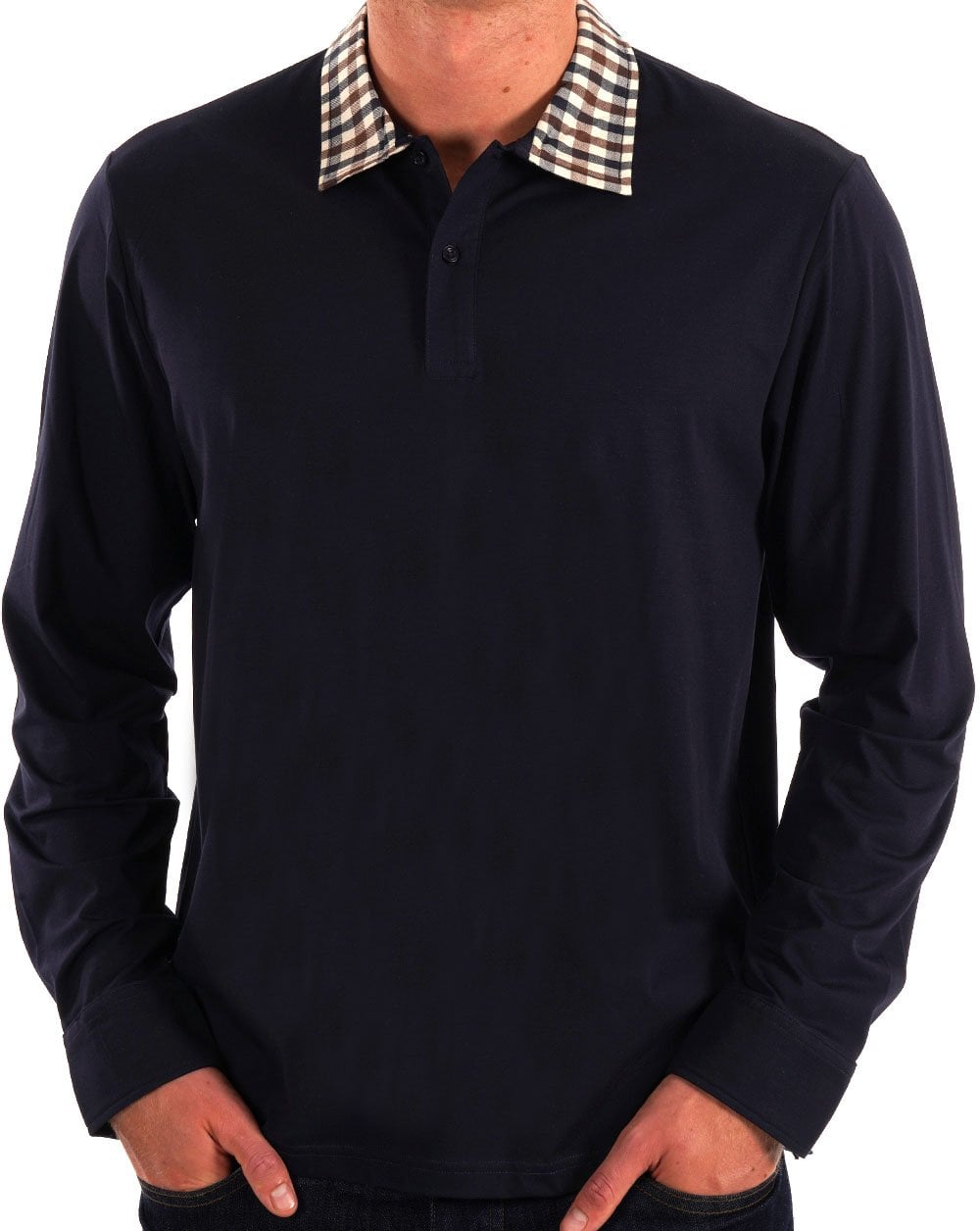 Aquascutum Club Check Collar LS Polo Navy