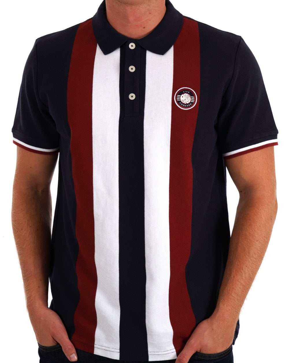 Pretty Green Live Forever Engineered Stripe Polo Navy