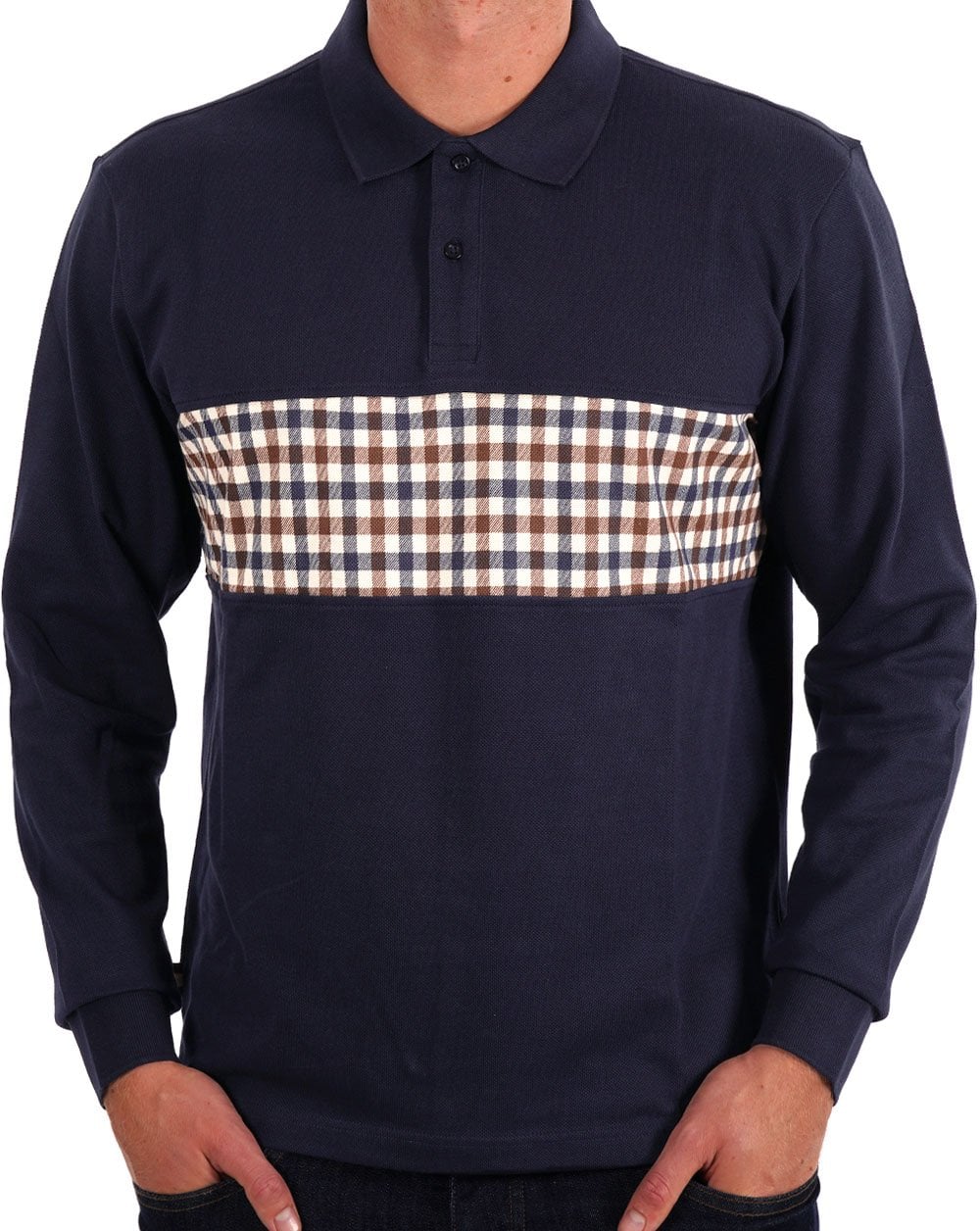 Aquascutum Club Check Insert LS Polo Navy