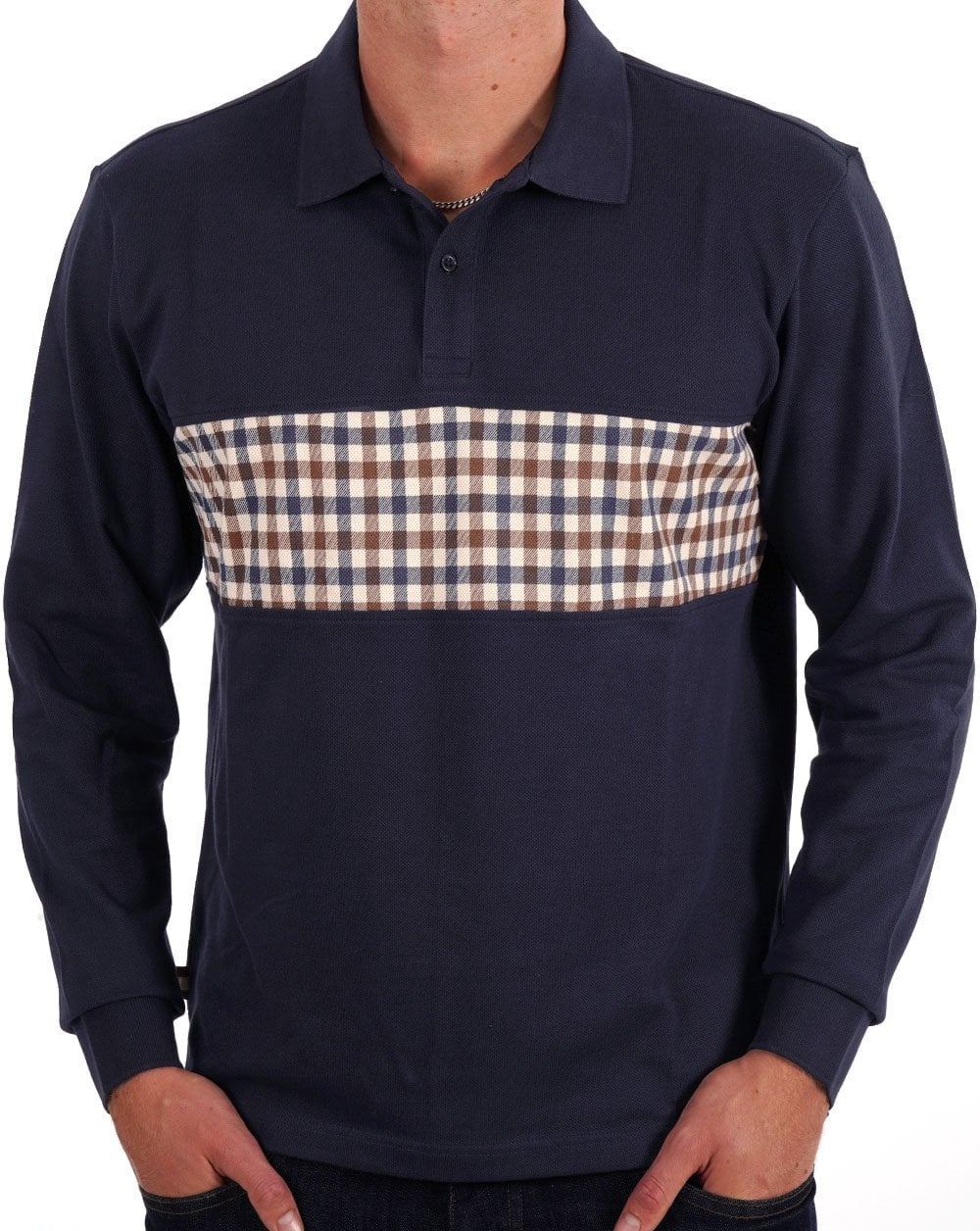 Aquascutum Club Check Insert LS Polo Navy