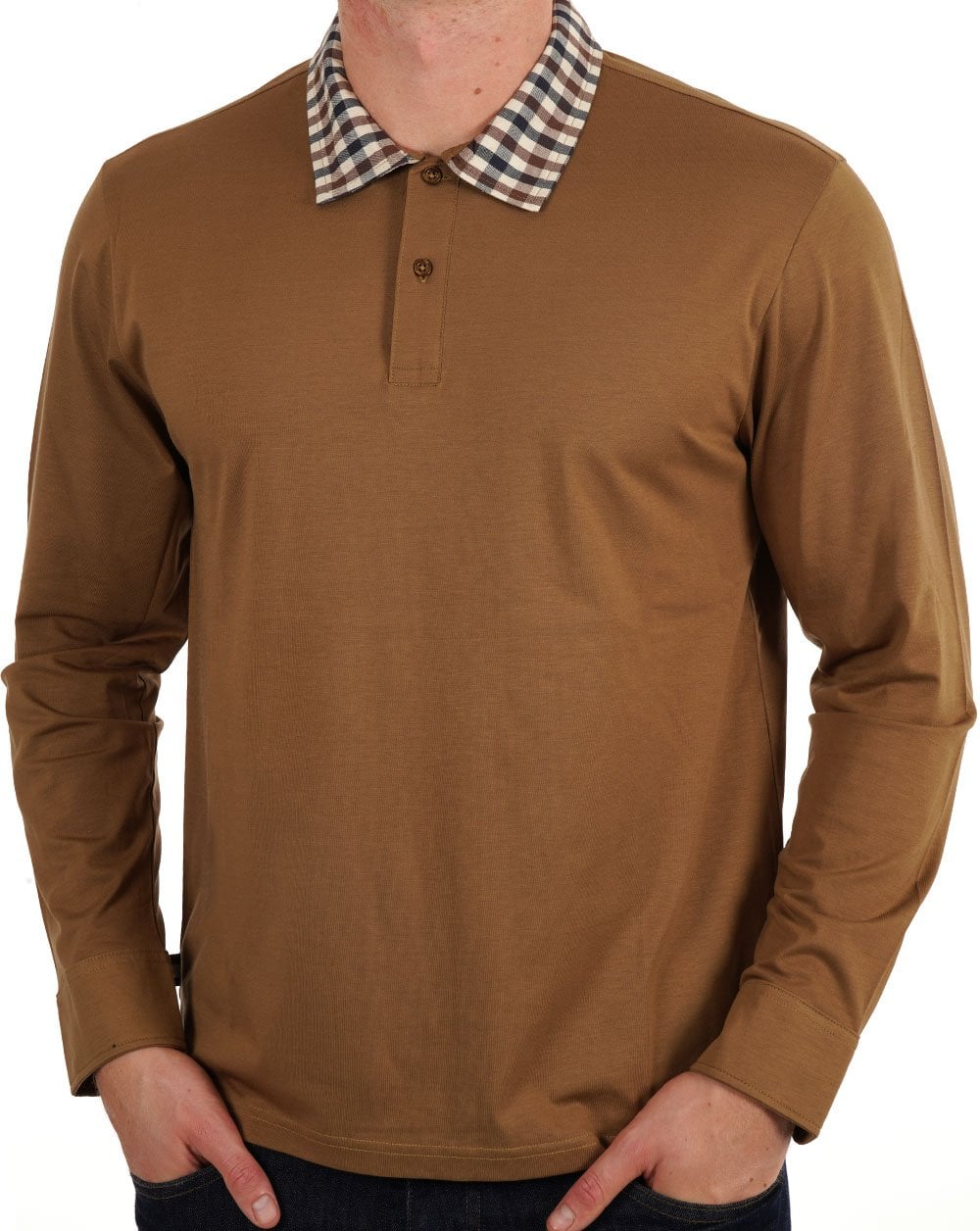 Aquascutum Club Check Collar LS Polo Toffee