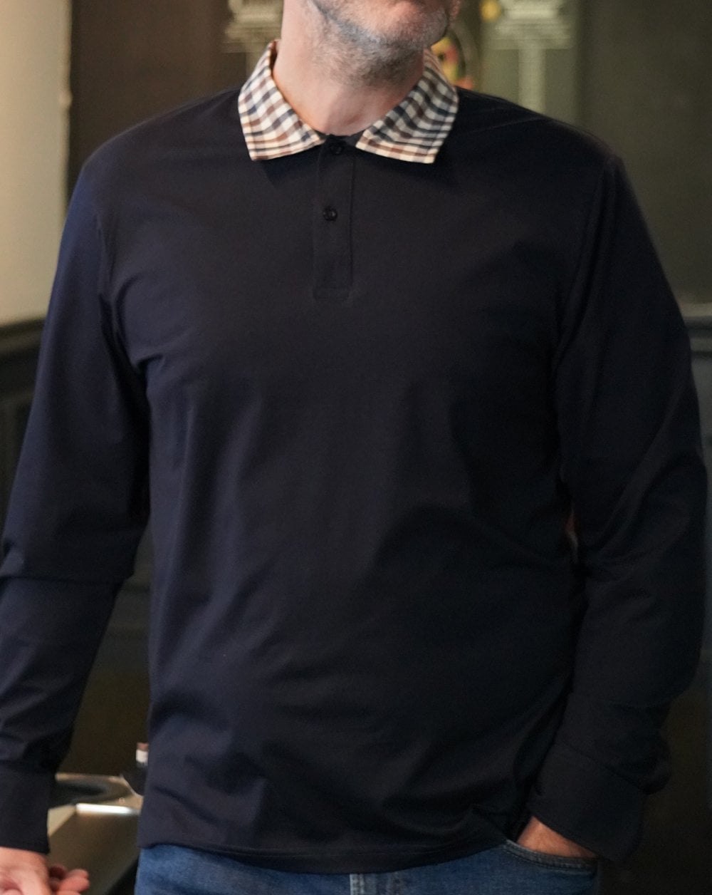 Aquascutum Club Check Collar LS Polo Navy