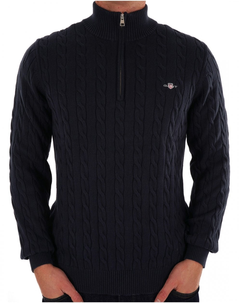 Gant Cotton Cable Knit Half Zip Sweater Navy Blue