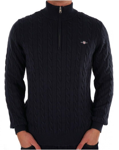 Gant Cotton Cable Knit Half Zip Sweater Navy Blue