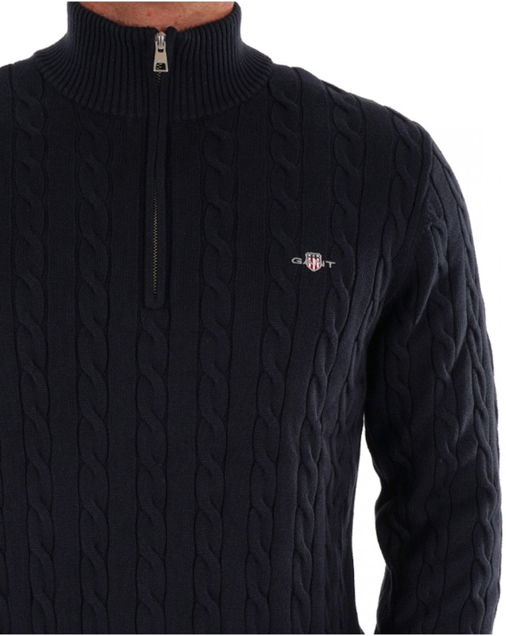 Gant Cotton Cable Knit Half Zip Sweater Navy Blue