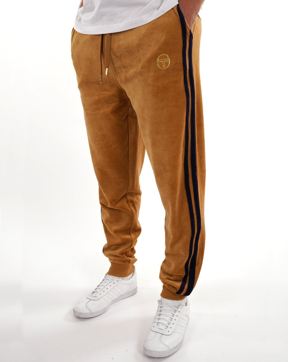 Sergio Tacchini Masters Velour Track Pants Tan / Navy Blue