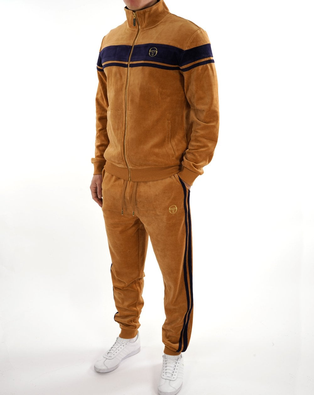 Sergio Tacchini Masters Velour Track Pants Tan / Navy Blue