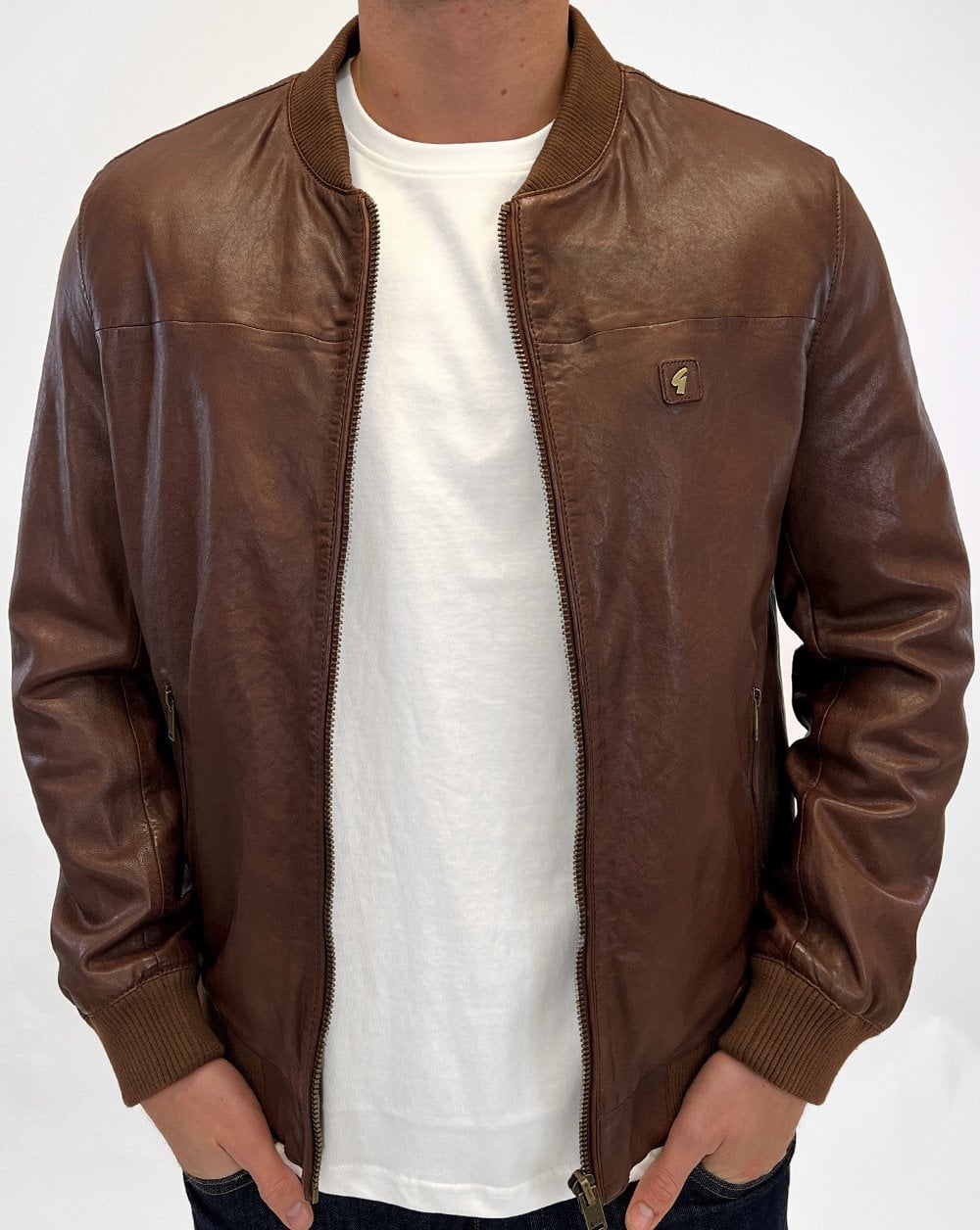 Gabicci Vintage Leather Bomber Jacket Brown