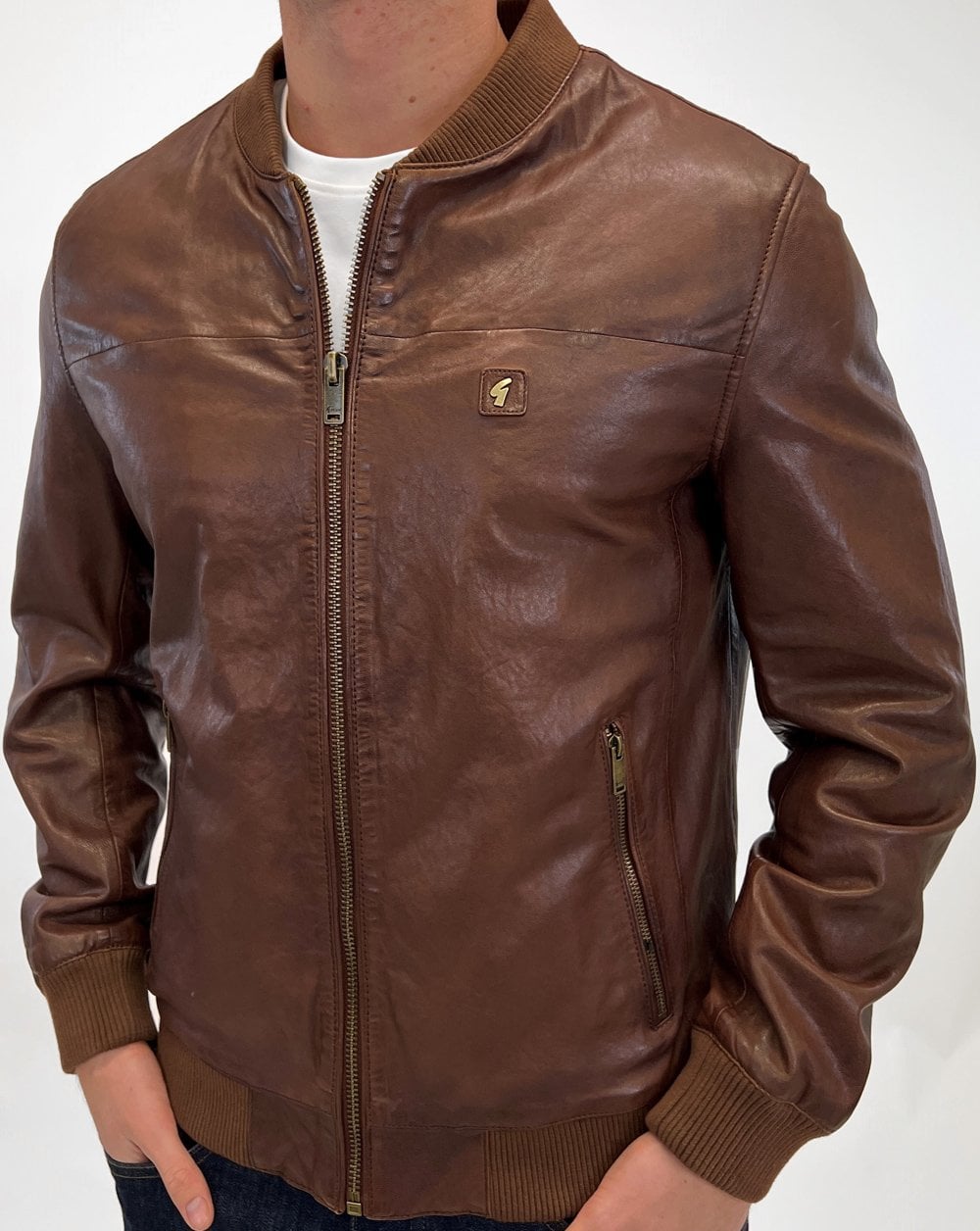 Gabicci Vintage Leather Bomber Jacket Brown