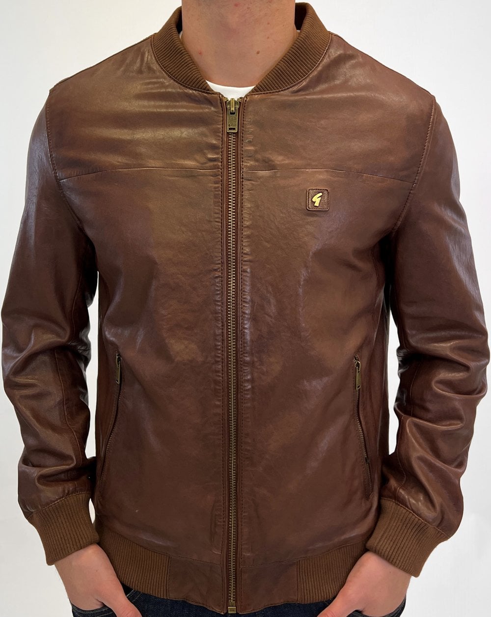 Gabicci Vintage Leather Bomber Jacket Brown
