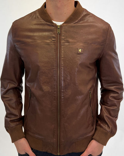 Gabicci Vintage Leather Bomber Jacket Brown