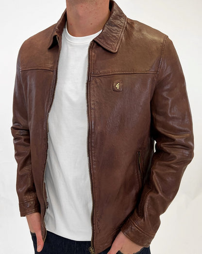 Gabicci Vintage Collared Leather Jacket Brown