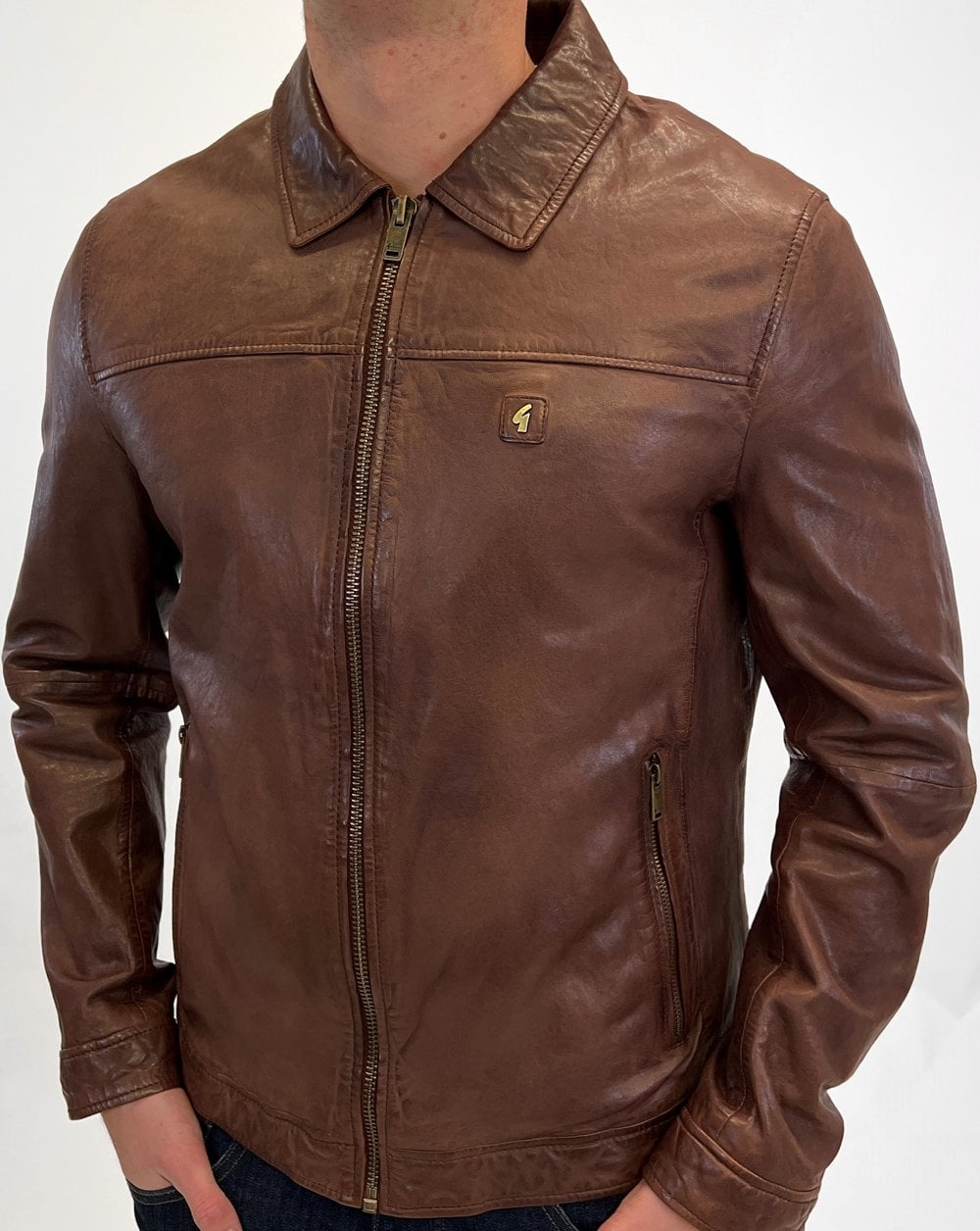 Gabicci Vintage Collared Leather Jacket Brown