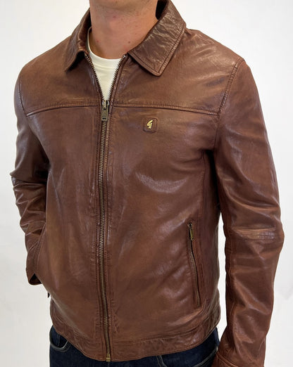 Gabicci Vintage Collared Leather Jacket Brown