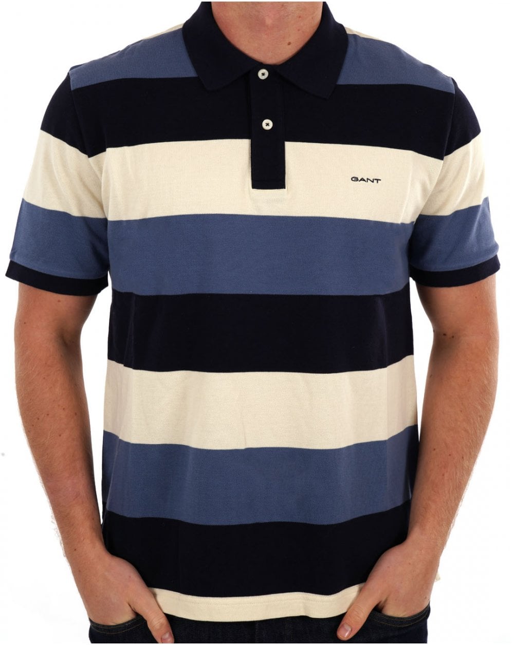 Gant Block Striped Pique Polo Shirt Navy Blue