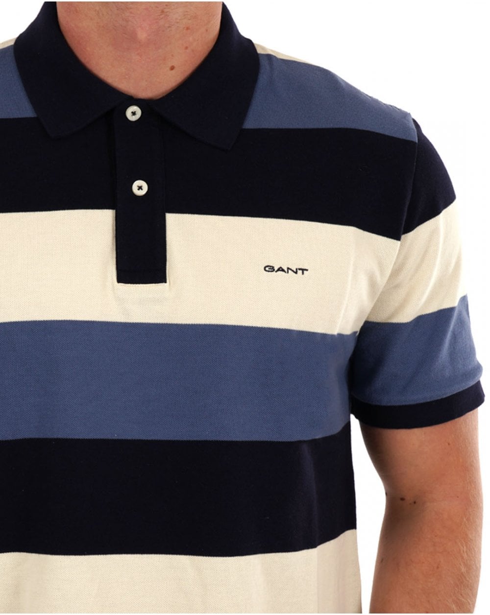 Gant Block Striped Pique Polo Shirt Navy Blue